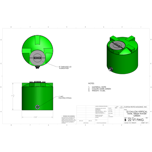 Custom Roto-Molding 22 Gallon Vertical Water Tank (22 VT FW) - manufacturer drawing