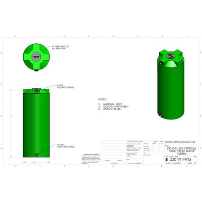 Custom Roto-Molding 230 Gallon Vertical Water Tank (230 VT FW) - manufacturer drawing