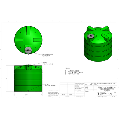 Custom Roto-Molding 2500 Gallon Vertical Water Tank (2500 VT FW) - manufacturer drawing