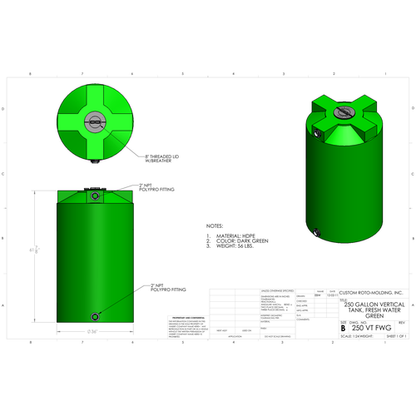 Custom Roto-Molding 250 Gallon Vertical Water Tank (250 VT FW) - manufacturer drawing