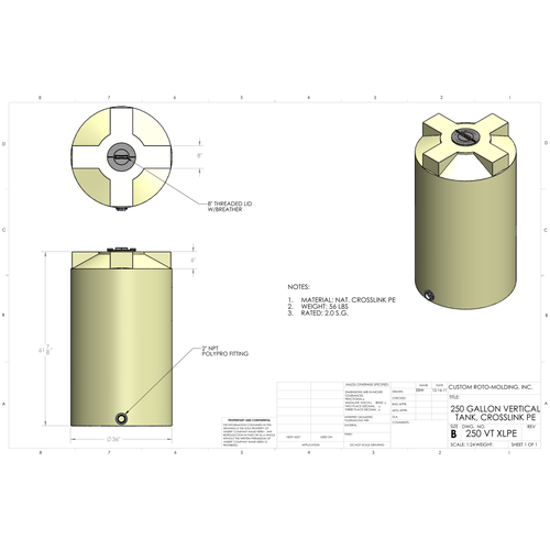 Custom Roto-Molding 250 Gallon Vertical Storage Tank (250 VT XLPE) - manufacturer drawing