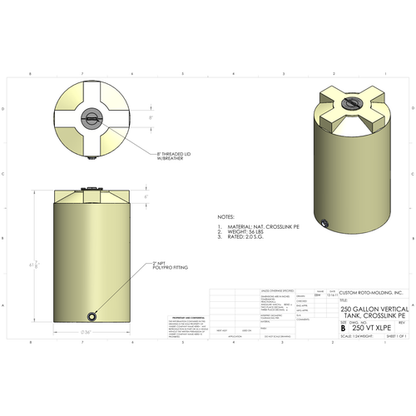 Custom Roto-Molding 250 Gallon Vertical Storage Tank (250 VT XLPE) - manufacturer drawing