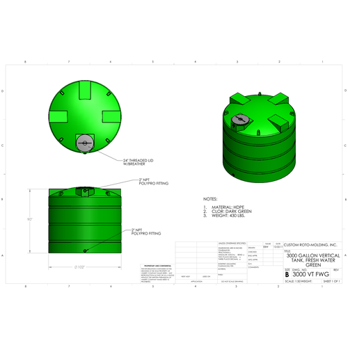 Custom Roto-Molding 3000 Gallon Vertical Water Tank (3000 VT FW) - manufacturer drawing