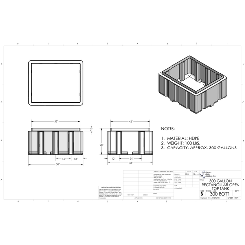 Custom Roto-Molding 300 Gallon Rectangular Open Top Tank (300 ROTT) - manufacturer drawing