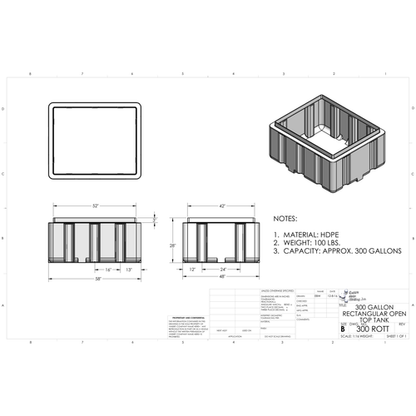 Custom Roto-Molding 300 Gallon Rectangular Open Top Tank (300 ROTT) - manufacturer drawing