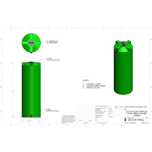 Custom Roto-Molding 310 Gallon Vertical Water Tank (310 VT FW) - manufacturer drawing