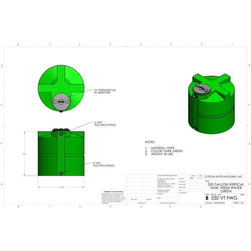 Custom Roto-Molding 330 Gallon Vertical Water Tank (330 VT FW) - manufacturer drawing