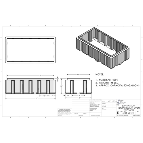Custom Roto-Molding 500 Gallon Rectangular Open Top Tank (500 ROTT) - manufacturer drawing