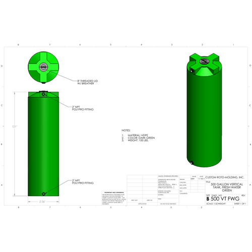 Custom Roto-Molding 500 Gallon Vertical Water Tank (500 VT FW) - manufacturer drawing