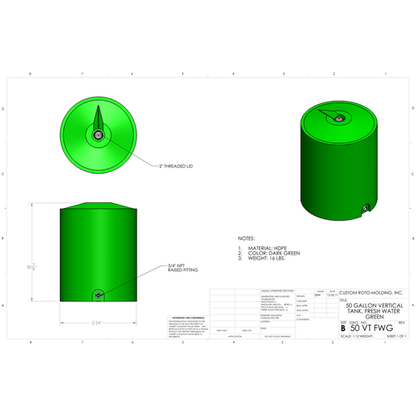 Custom Roto-Molding 50 Gallon Vertical Water Tank (50 VT FW) - manufacturer drawing