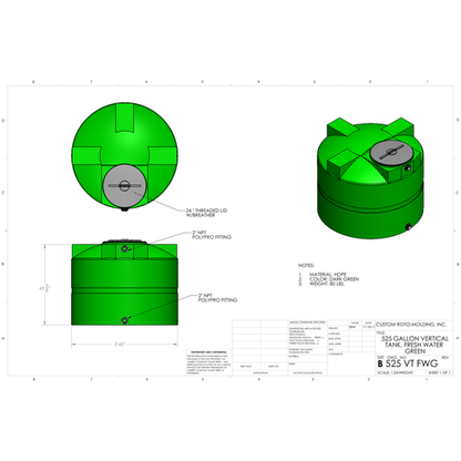 Custom Roto-Molding 525 Gallon Vertical Water Tank (525 VT FW) - manufacturer drawing