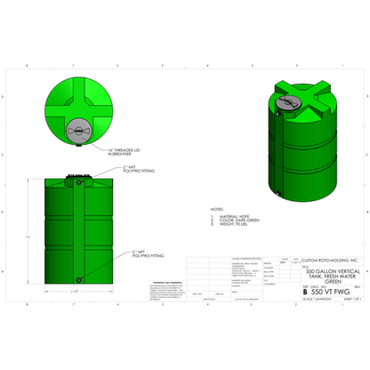 Custom Roto-Molding 550 Gallon Vertical Water Tank (550 VT FW) - manufacturer drawing