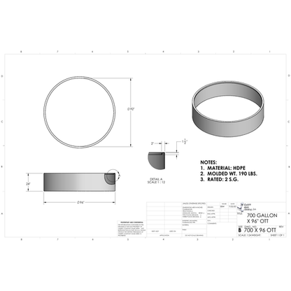 Custom Roto-Molding 700 Gallon Open Top Tank (700 X 96 OTT) - manufacturer drawing