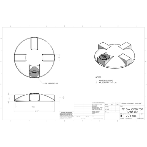 Custom Roto-Molding Open Top Tank Lid (72 OTTL) - manufacturer drawing