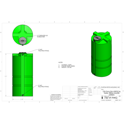 Custom Roto-Molding 750 Gallon Vertical Water Tank (750 VT FW) - manufacturer drawing