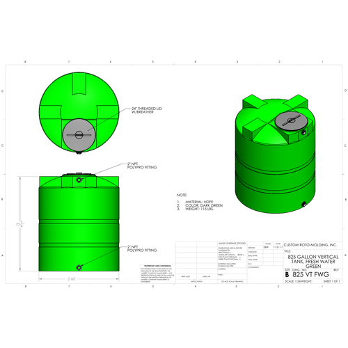 Custom Roto-Molding 825 Gallon Vertical Water Tank (825 VT FW) - manufacturer drawing