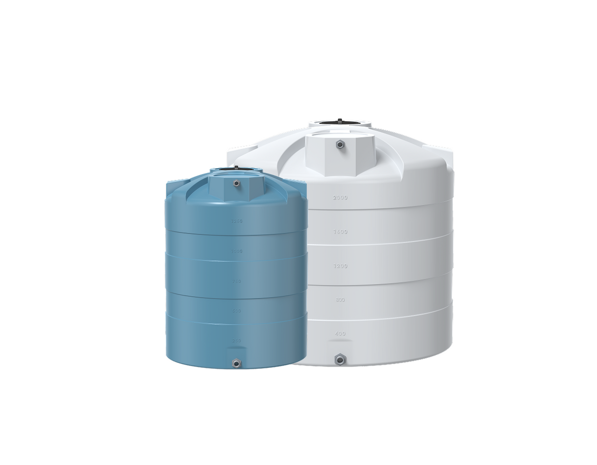 Elkhart Plastics 2500 Gallon Vertical Chemical Storage Tank 1.5 SG (107067A01) - natural and light blue chemical tanks side by side - Elkhart Plastics product line photo