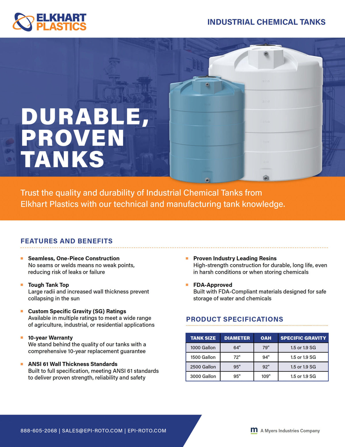Elkhart Plastics 1500 Gallon Vertical Chemical Storage Tank 1.9 SG (307066A01) - Elkhart Plastics Industrial Chemical Tanks brochure with features and size chart