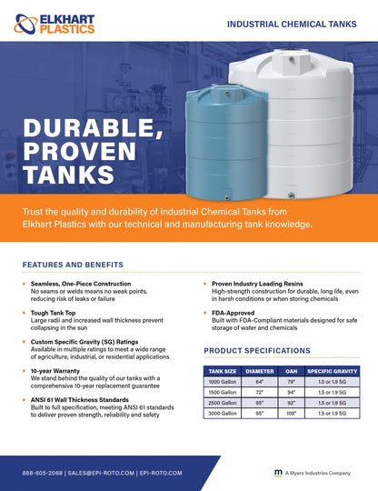 Elkhart Plastics 1500 Gallon Vertical Chemical Storage Tank 1.9 SG (307066A01) - Elkhart Plastics Industrial Chemical Tanks brochure with features and size chart