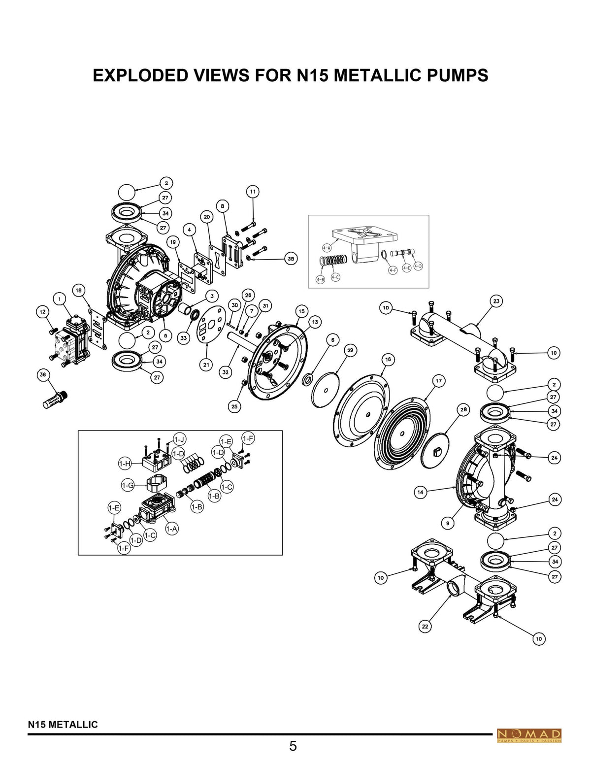 JDA Global NOMAD Quali-Flo N15 1-1/2" Metallic Rubber/TPE-Fitted Air-Operated Double Diaphragm Pump, Bolted - manufacturer spare parts drawing 1