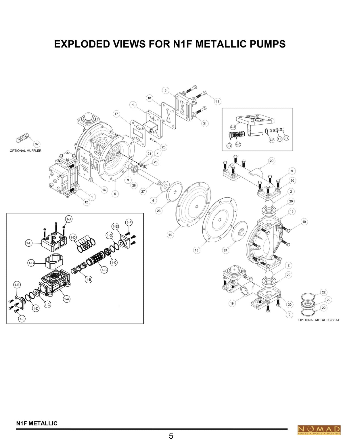 JDA Global NOMAD Quali-Flo N1F 1" Metallic Rubber/TPE-Fitted Air-Operated Double Diaphragm Pump, Bolted - manufacturer spare parts drawing 1