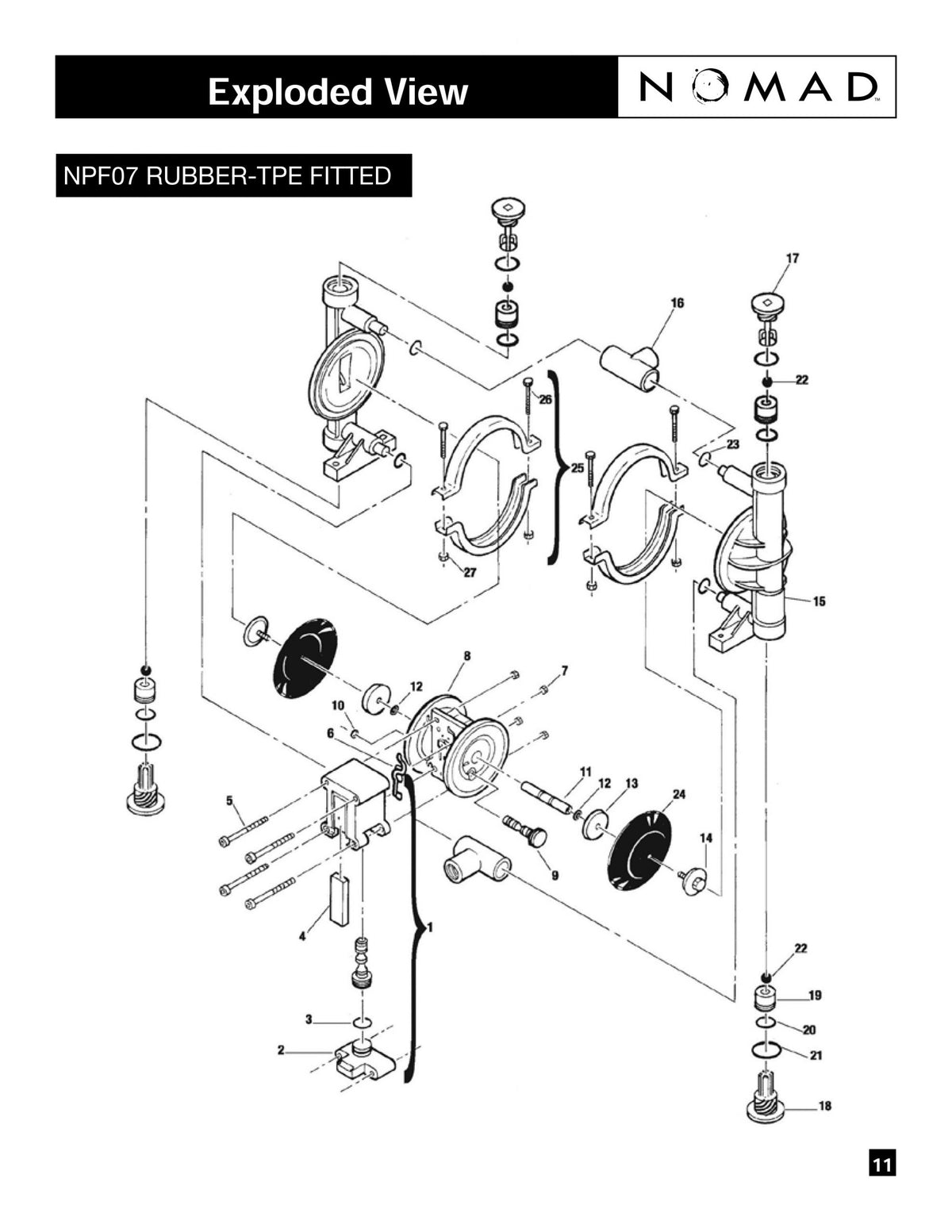 JDA Global NOMAD Pwr-Flo NPF07 1/4" Non-Metallic Rubber/TPE-Fitted Air-Operated Double Diaphragm Pump, Clamped - manufacturer spare parts drawing 1