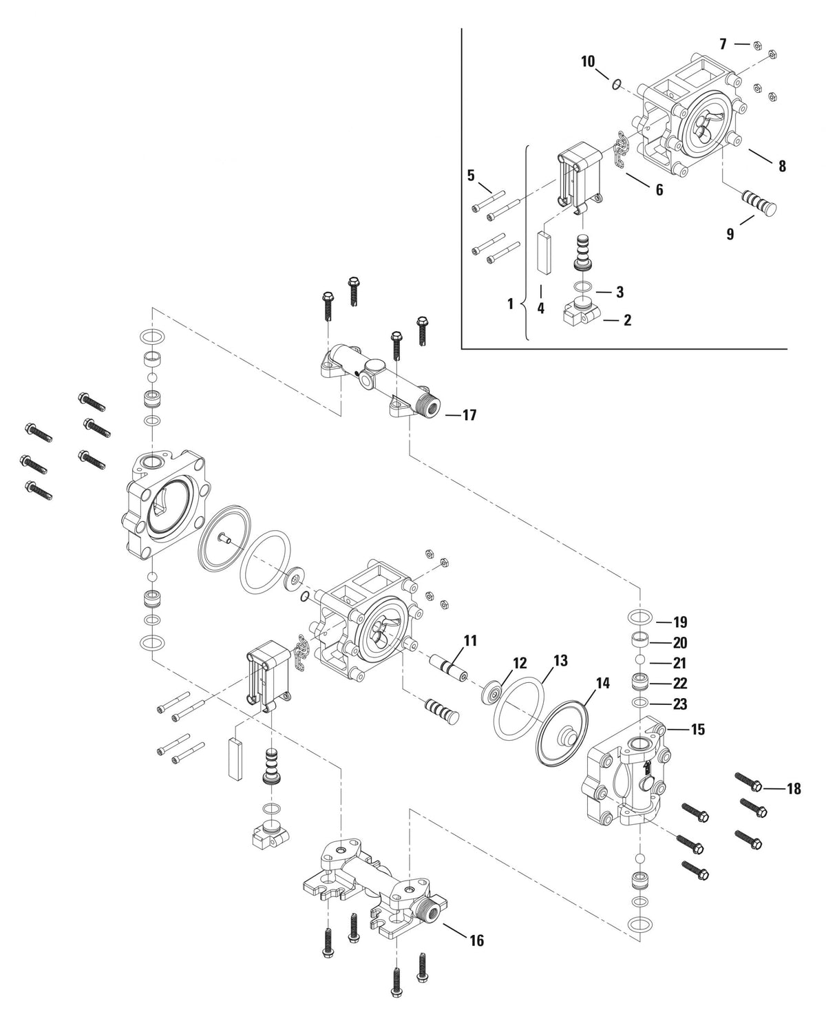 JDA Global NOMAD Pwr-Flo NPF07 1/4" Non-Metallic PTFE-Fitted Air-Operated Double Diaphragm Pump, Bolted - manufacturer spare parts drawing 1