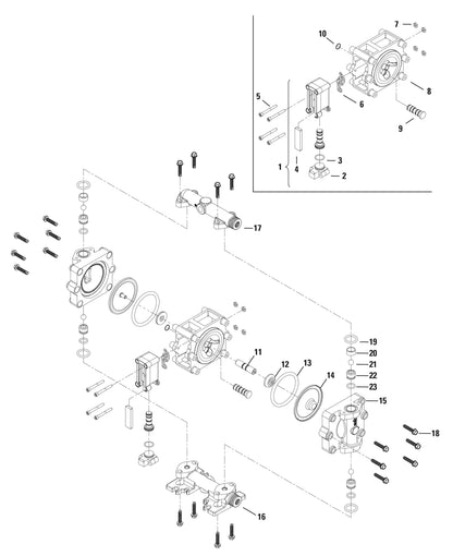 JDA Global NOMAD Pwr-Flo NPF07 1/4" Non-Metallic PTFE-Fitted Air-Operated Double Diaphragm Pump, Bolted - manufacturer spare parts drawing 1