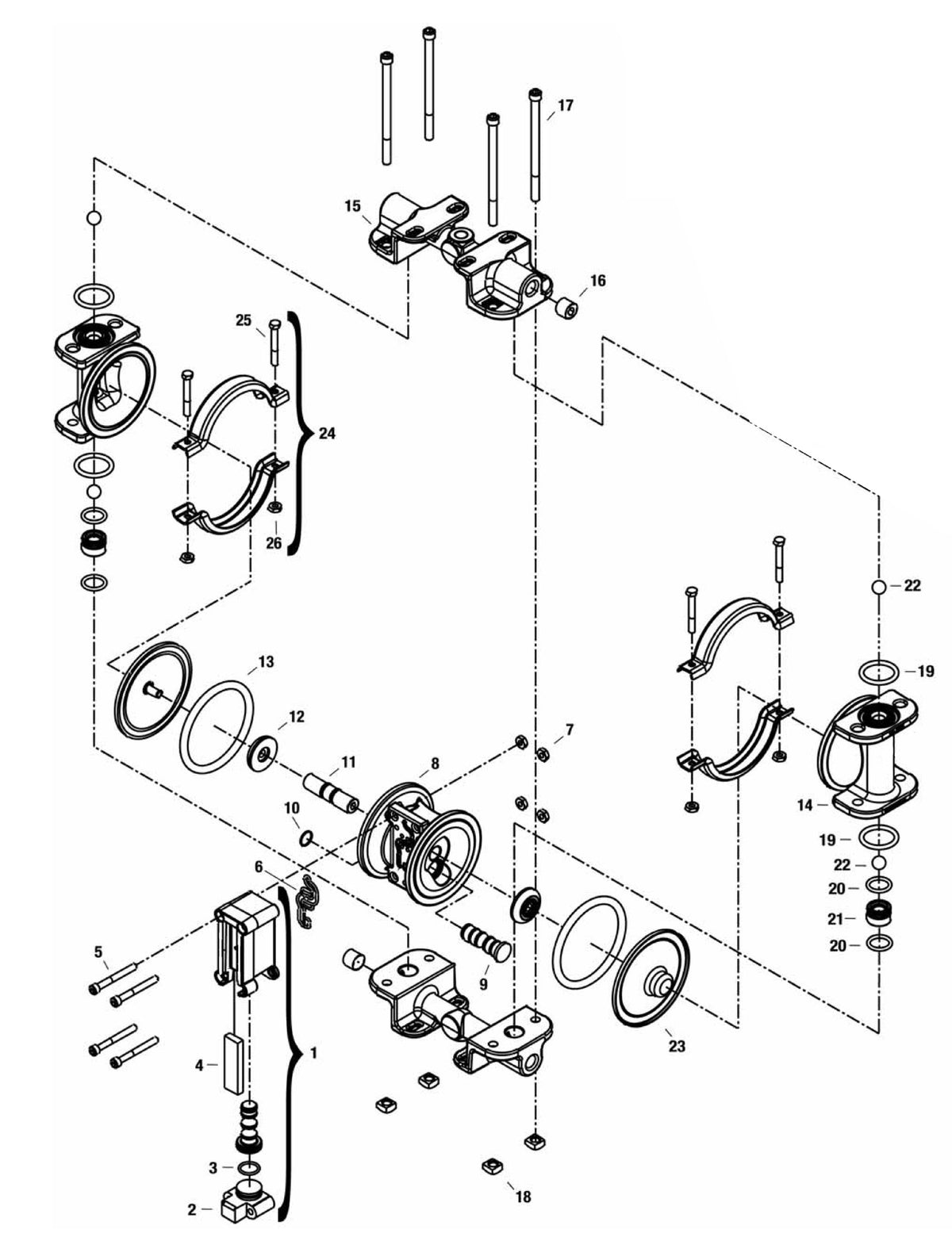 JDA Global NOMAD Pwr-Flo NPF07 1/4" Metallic PTFE-Fitted Air-Operated Double Diaphragm Pump, Clamped - manufacturer spare parts drawing 1