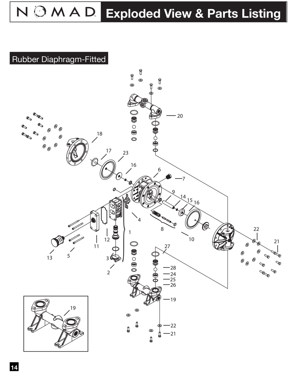 JDA Global NOMAD Pwr-Flo NPF15 1/2" Non-Metallic Rubber/TPE-Fitted Air-Operated Double Diaphragm Pump, Clamped - manufacturer spare parts drawing 1