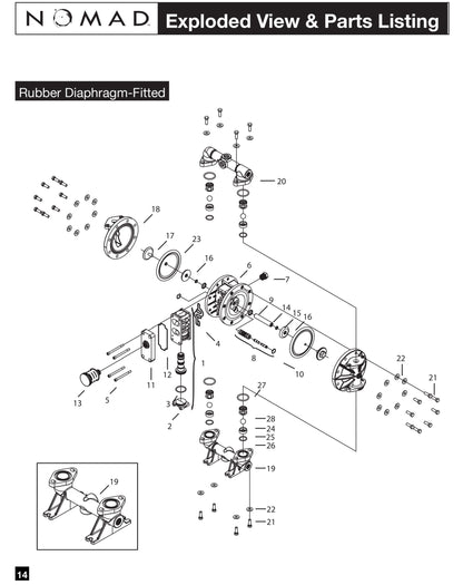 JDA Global NOMAD Pwr-Flo NPF15 1/2" Non-Metallic Rubber/TPE-Fitted Air-Operated Double Diaphragm Pump, Bolted - manufacturer spare parts drawing 1