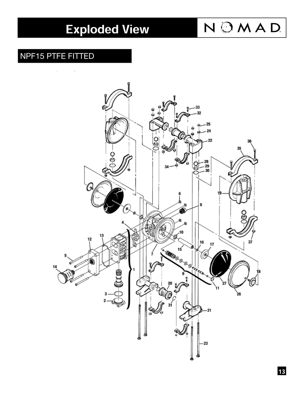 JDA Global NOMAD Pwr-Flo NPF15 1/2" Non-Metallic PTFE-Fitted Air-Operated Double Diaphragm Pump, Clamped - manufacturer spare parts drawing 1