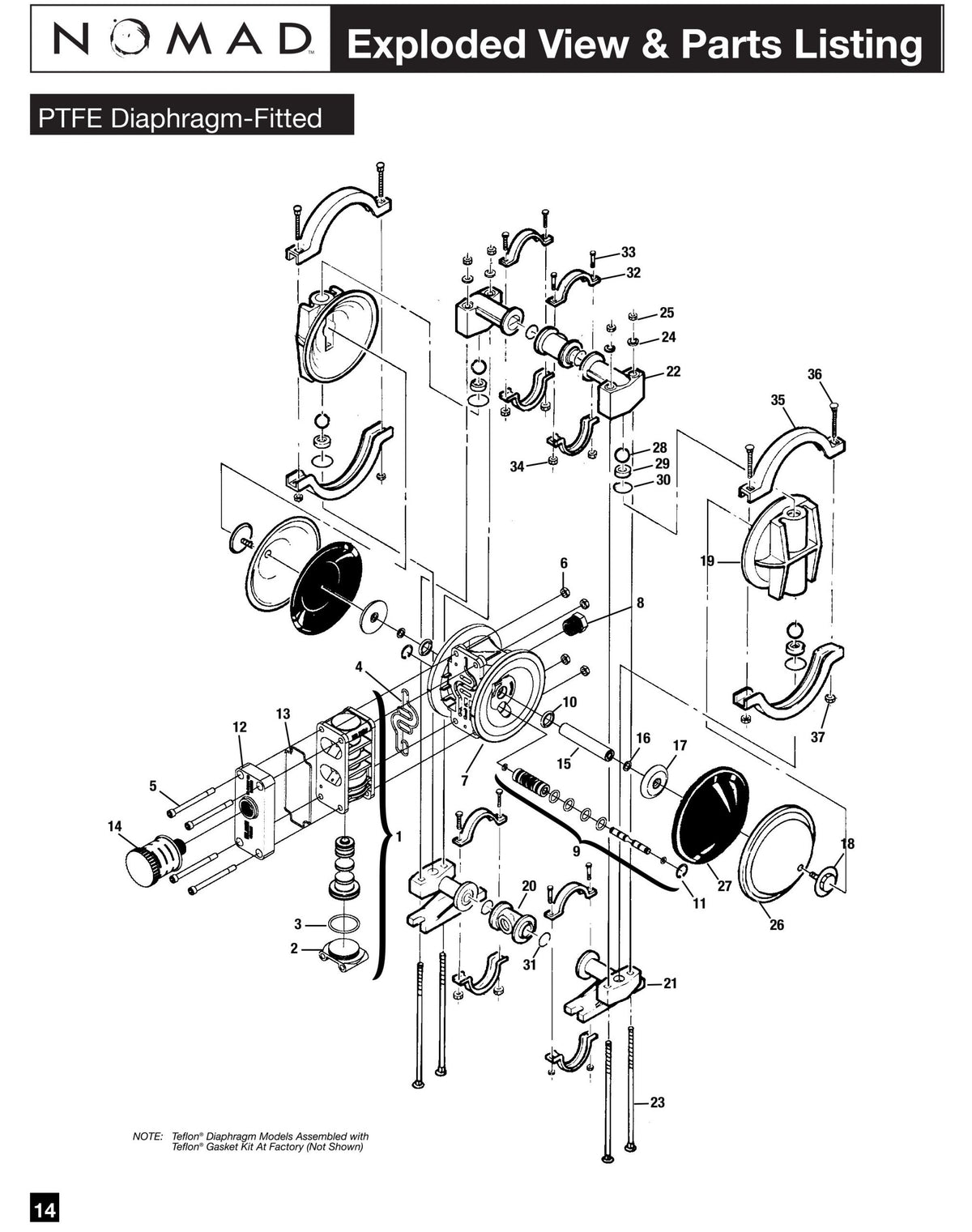 JDA Global NOMAD Pwr-Flo NPF15 1/2" Metallic PTFE-Fitted Air-Operated Double Diaphragm Pump, Clamped - manufacturer spare parts drawing 1