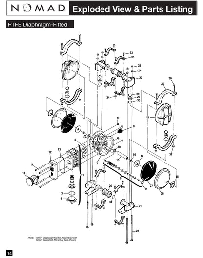 JDA Global NOMAD Pwr-Flo NPF15 1/2" Metallic PTFE-Fitted Air-Operated Double Diaphragm Pump, Clamped - manufacturer spare parts drawing 1