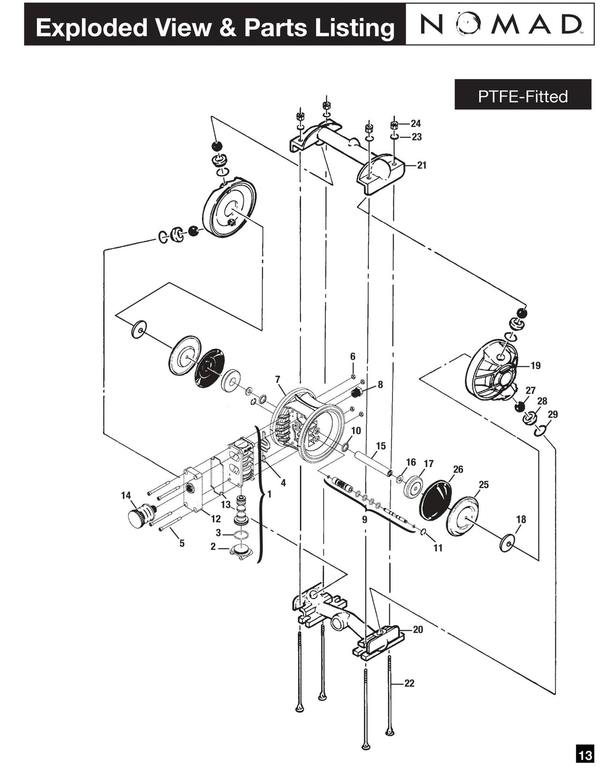 JDA Global NOMAD Pwr-Flo NPF25 1" Metallic PTFE-Fitted Air-Operated Double Diaphragm Pump, Bolted - manufacturer spare parts drawing 1