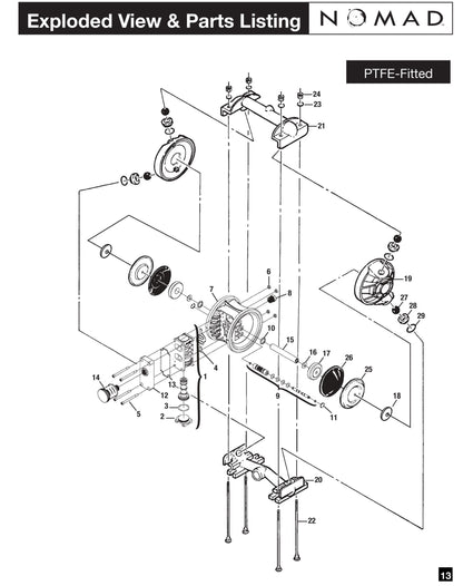JDA Global NOMAD Pwr-Flo NPF25 1" Metallic PTFE-Fitted Air-Operated Double Diaphragm Pump, Bolted - manufacturer spare parts drawing 1