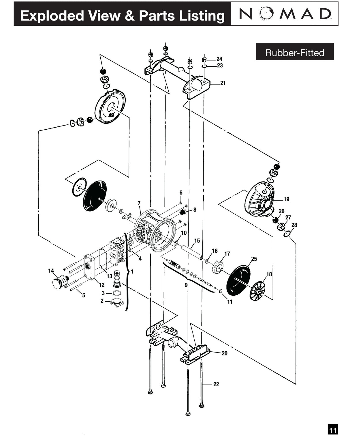 JDA Global NOMAD Pwr-Flo NPF25 1" Metallic Rubber/TPE-Fitted Air-Operated Double Diaphragm Pump, Bolted - manufacturer spare parts drawing 1