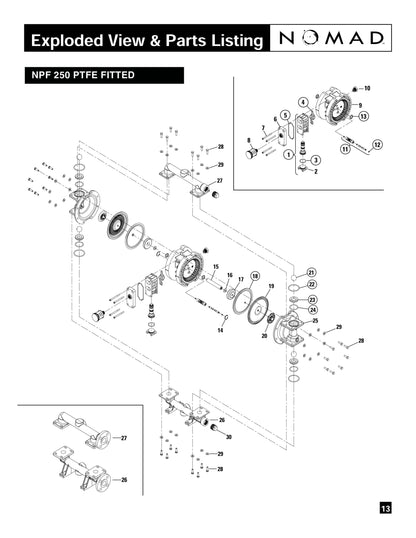 JDA Global NOMAD Pwr-Flo NPF250 1" Side-Ported Metallic PTFE-Fitted Air-Operated Double Diaphragm Pump, Bolted - manufacturer spare parts drawing 1