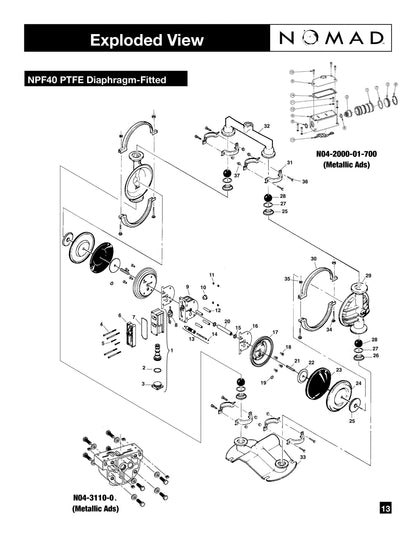 JDA Global NOMAD Pwr-Flo NPF40 1-1/2" Metallic PTFE-Fitted Air-Operated Double Diaphragm Pump, Clamped - manufacturer spare parts drawing 1