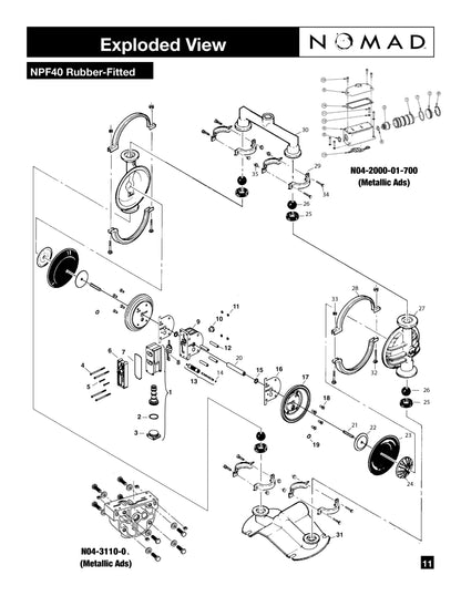 JDA Global NOMAD Pwr-Flo NPF40 1-1/2" Metallic Rubber/TPE-Fitted Air-Operated Double Diaphragm Pump, Clamped - manufacturer spare parts drawing 1
