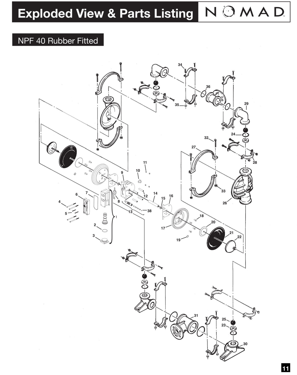 JDA Global NOMAD Pwr-Flo NPF40 1-1/2" Non-Metallic Rubber/TPE-Fitted Air-Operated Double Diaphragm Pump, Bolted - manufacturer spare parts drawing 1