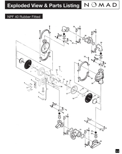 JDA Global NOMAD Pwr-Flo NPF40 1-1/2" Non-Metallic Rubber/TPE-Fitted Air-Operated Double Diaphragm Pump, Bolted - manufacturer spare parts drawing 1