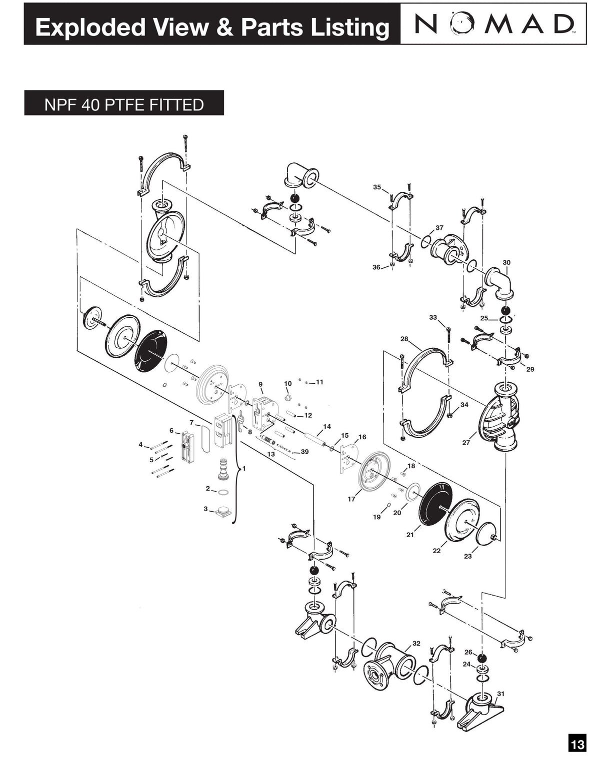 JDA Global NOMAD Pwr-Flo NPF40 1-1/2" Non-Metallic PTFE-Fitted Air-Operated Double Diaphragm Pump, Bolted - manufacturer spare parts drawing 1