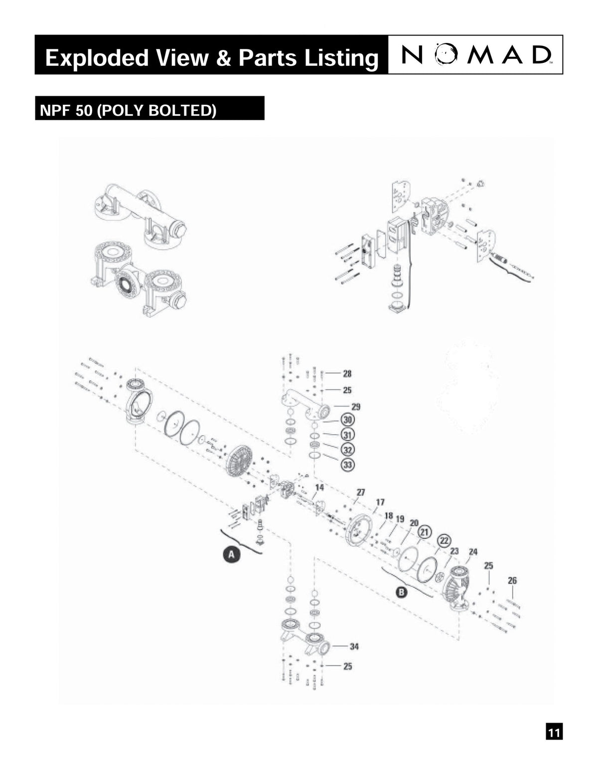 JDA Global NOMAD Pwr-Flo NPF50 2" Non-Metallic PTFE-Fitted Air-Operated Double Diaphragm Pump, Bolted - manufacturer spare parts drawing 1