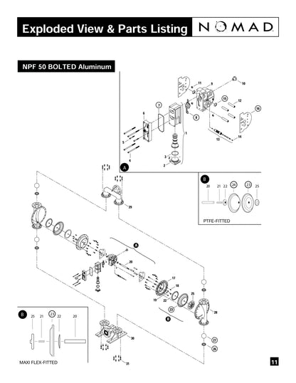 JDA Global NOMAD Pwr-Flo NPF50 2" Metallic PTFE-Fitted Air-Operated Double Diaphragm Pump, Bolted - manufacturer spare parts drawing 1