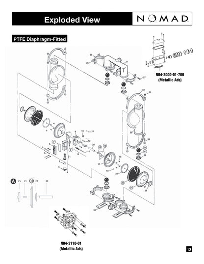 JDA Global NOMAD Pwr-Flo NPF50 2" Metallic PTFE-Fitted Air-Operated Double Diaphragm Pump, Clamped - manufacturer spare parts drawing 1