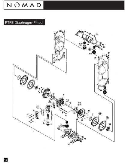 JDA Global NOMAD Pwr-Flo NPF80 3" Metallic PTFE-Fitted Air-Operated Double Diaphragm Pump, Clamped - manufacturer spare parts drawing 1