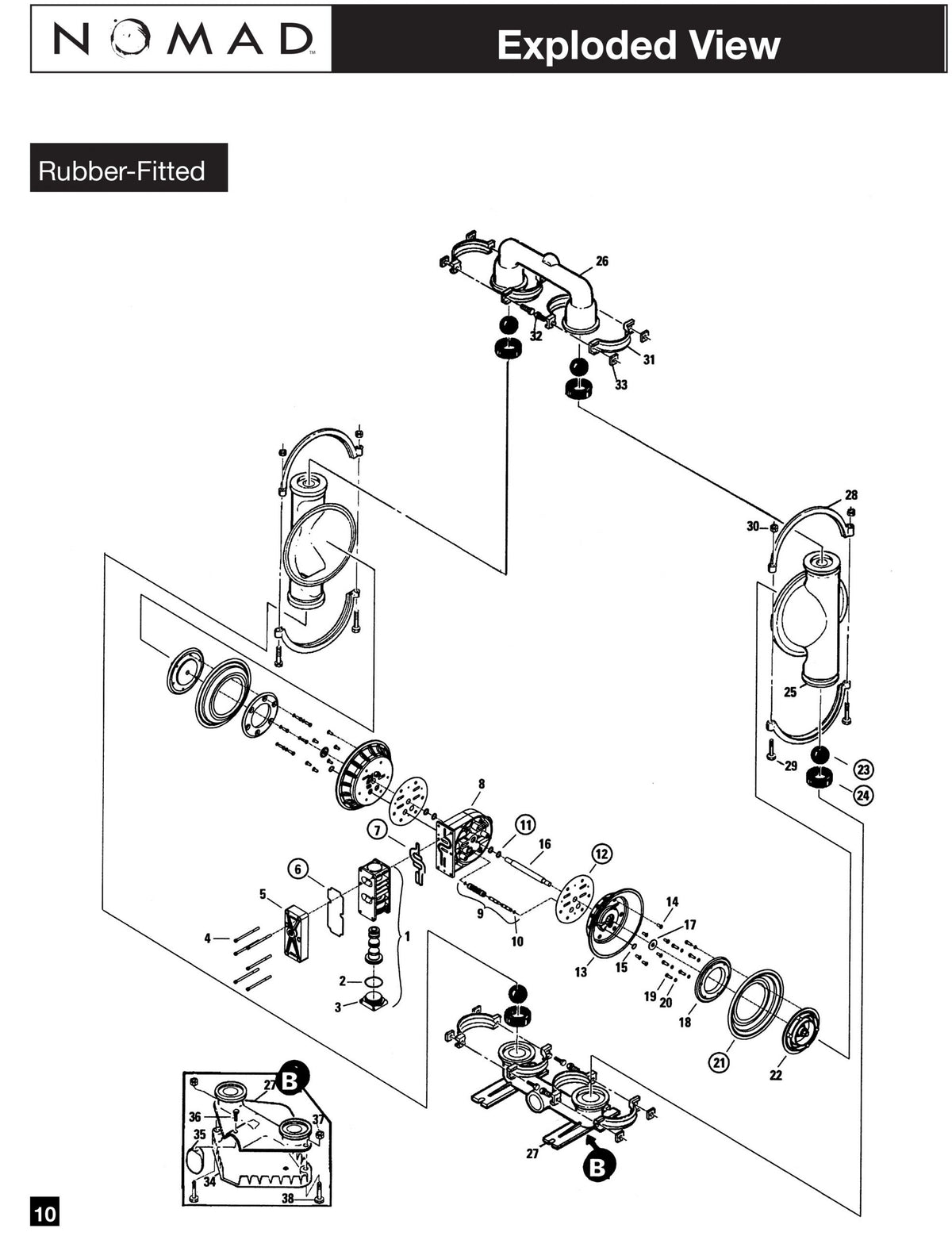 JDA Global NOMAD Pwr-Flo NPF80 3" Metallic Rubber/TPE-Fitted Air-Operated Double Diaphragm Pump, Clamped - manufacturer spare parts drawing 1