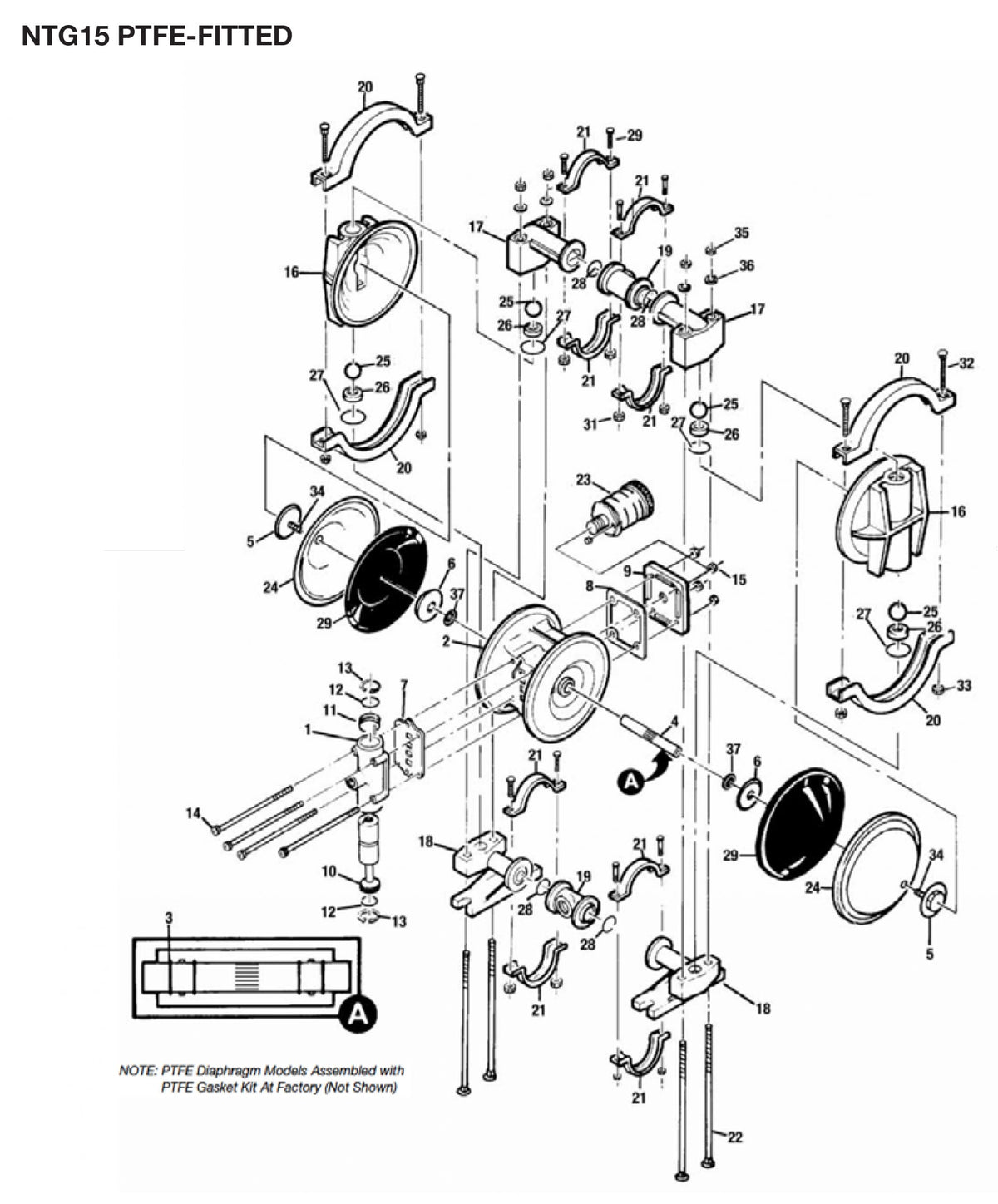 JDA Global NOMAD Trans-Flo Gold NTG15 1/2" Metallic PTFE-Fitted Air-Operated Double Diaphragm Pump, Clamped - manufacturer spare parts drawing 1