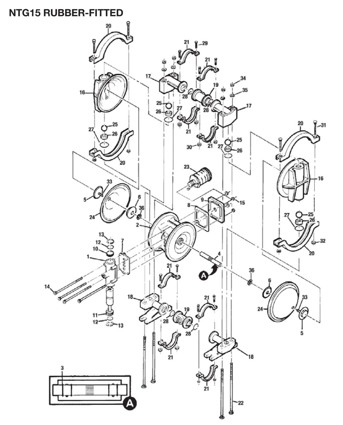 JDA Global NOMAD Trans-Flo Gold NTG15 1/2" Metallic Rubber/TPE-Fitted Air-Operated Double Diaphragm Pump, Clamped - manufacturer spare parts drawing 1